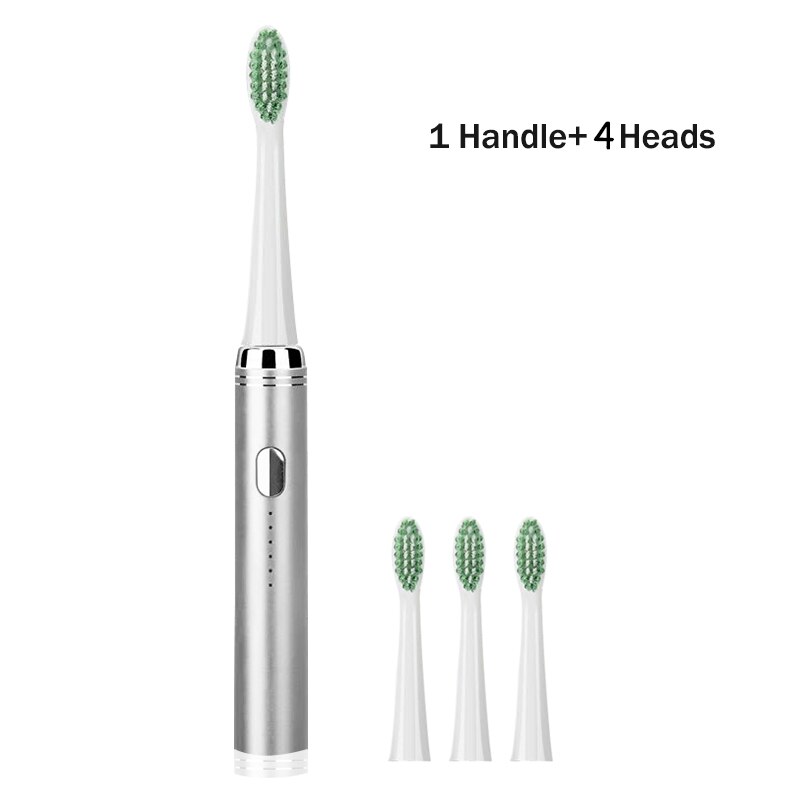 Ultrasonic Electric Toothbrush Adult Set Stainless Steel Waterproof Powerful Electric Toothbrush Sonic USB Charger Whitening: silver 4 heads
