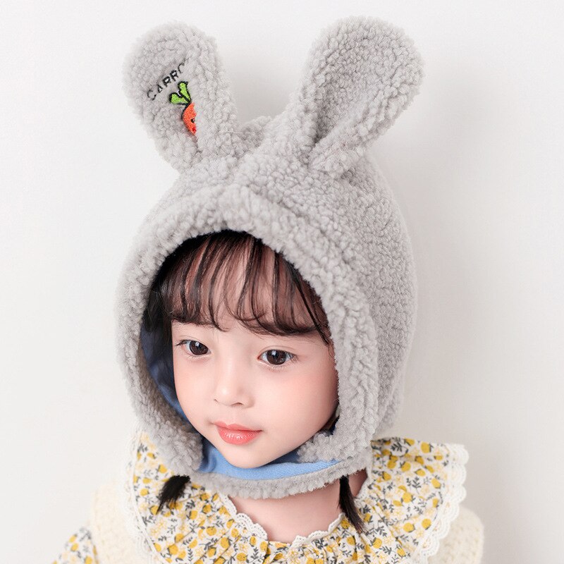 Cappello da ragazza cartone animato orecchie di coniglio capelli di agnello 3-10 anni cuffia per bambini protezione del viso cappello antivento
