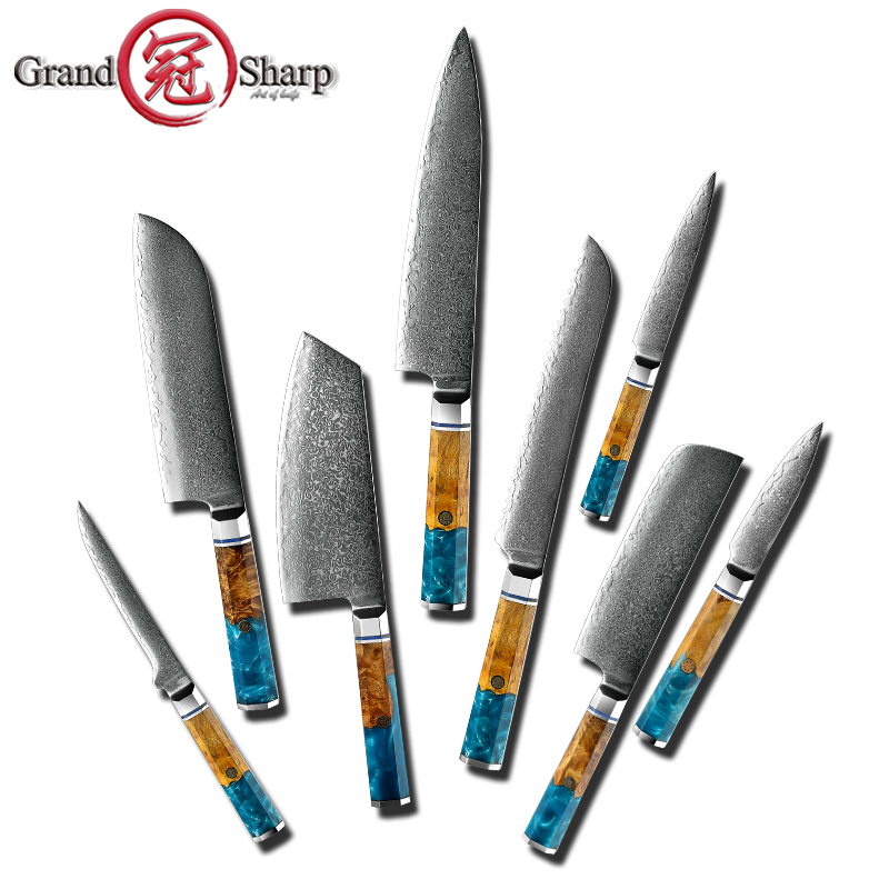 Grandsharp Kitchen Knife Set Damascus Kitchen Knife vg10 Japanese Steel Santoku Utility Bread Chef Gyuto Knives Cooking Tools