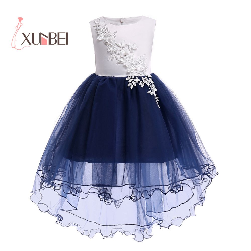 Vestidos de niña de flores de la Marina Alta-baja hasta la rodilla apliques flor niños vestidos de desfile para niñas vestidos de comunión