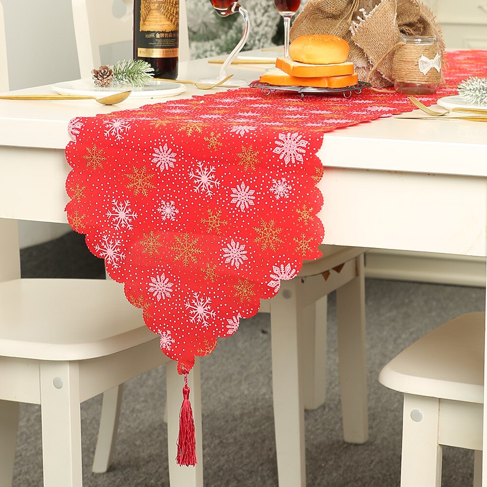 Merry Christmas Table Runner with Tassel Snowflake Tablecloth Long Table Runners Home Decor Xmas Year Wedding Decoration