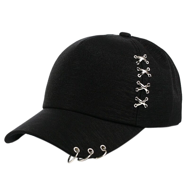 Casquette de baseball avec anneau de piercing, style punk hip-hop, en coton, pour adulte, décontractée, solide, ajustable, unisexe