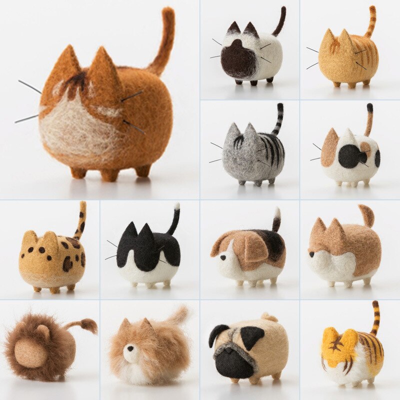 2 Pieces Cute Animal Cat DIY Wool Felt Kit Needle Poked Knitting Material Package Handmade Sewing Art Craft Home Decor