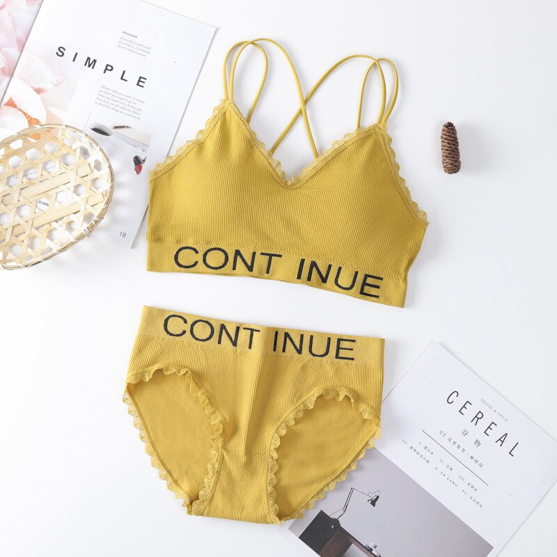 Sexy Women Bra Panties Set Push Up Bra Sports Letter Underwear Set Seamless Fitness Top Active Bra Women Lingerie Set: Yellow