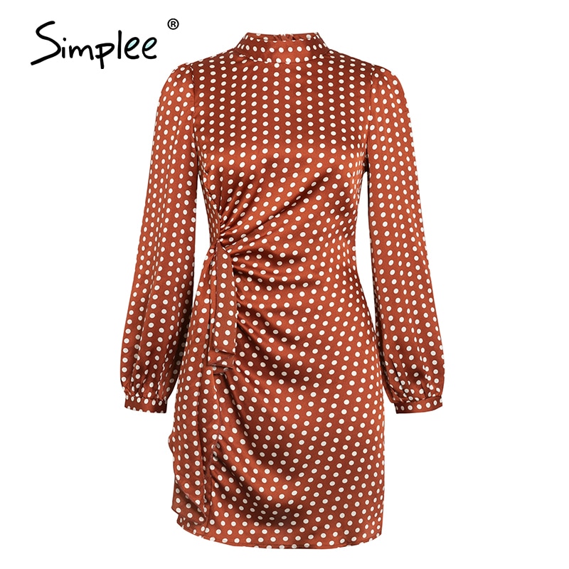 Simplee rund hals prikkete kjole sexy lanterne solid kjole løs høst kvinner elegant lang fest midikjole: Khaki / L
