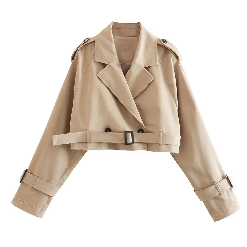 Dames cropped blazers jassen herfst elegante vintage effen kleur lange mouw dubbele rij knopen trenchcoat met riem: M / Khaki