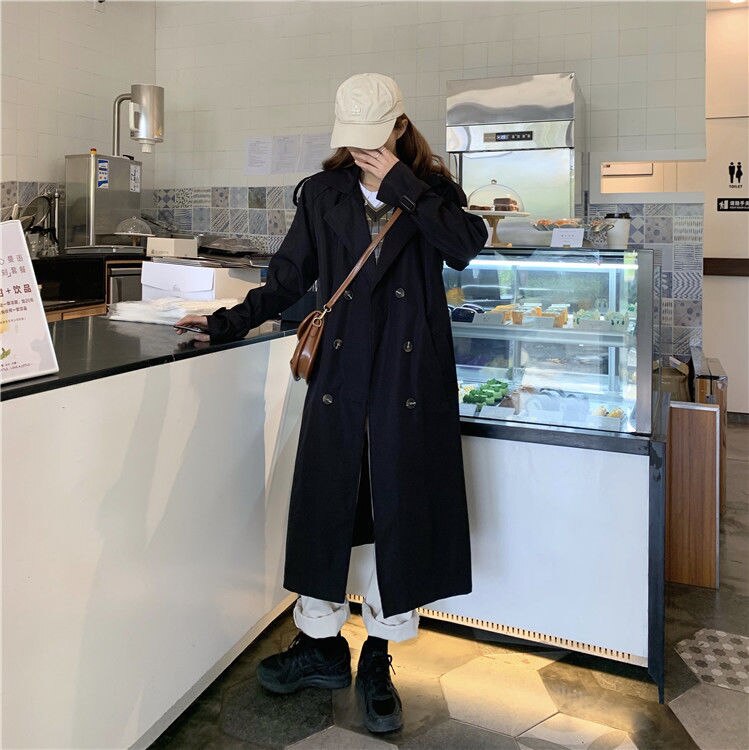 Trench kvinners høst solid dobbeltspent lang stil belte koreansk versjon løs leisre daglig streetwear kvinnelig klassisk kåpe: Svart / S