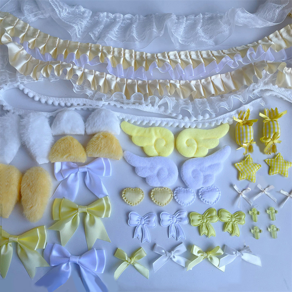 34 stuks lint kantversiering handgemaakte materiaalset engelenvleugel accessoires strik ster DIY kledingaccessoires pijnzak decoratie: Geel
