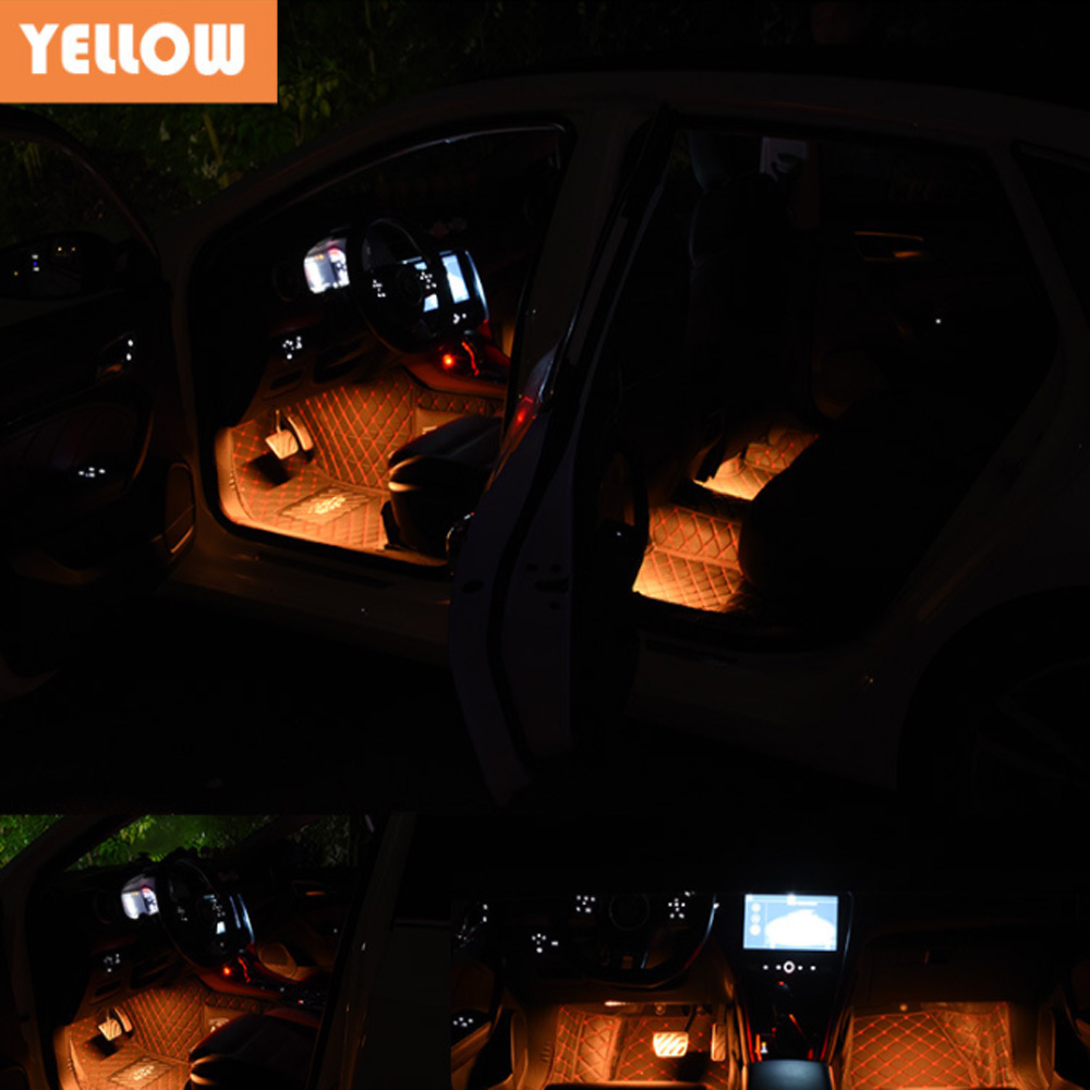 Luz ambiental para pies Interior de coche con USB, lámparas decorativas de ambiente automático, Kit de luces de tira para pies de 48 LED, accesorios para coche: Marfíl / YELLOW
