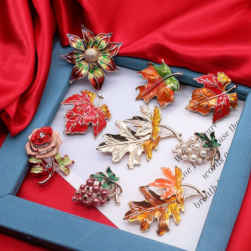 Kerst Broches Leuke Maple Leaf Bloem Emaille-Parel Voor Meisjes Vrouwelijke