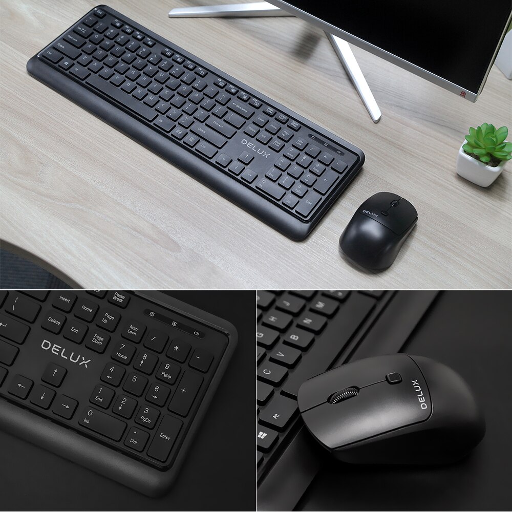 Delux  ka190g trådlöst tangentbord och mus combo set lång batteritid 104 tangentbord möss set med multimedia tangenter för dator