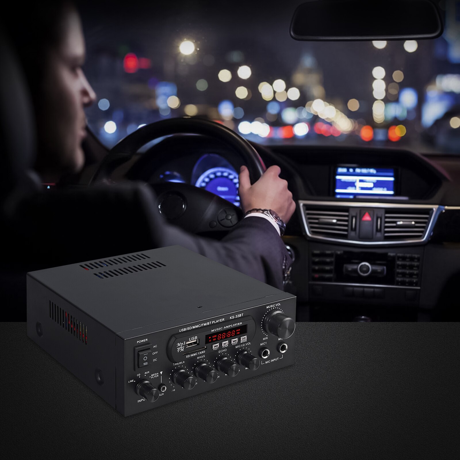 Bluetooth-Compatible Stereo Audio Amplifier KS-33BT Home HiFi Music SD USB FM MIC Wireless Digital Preamp With Microphone Input