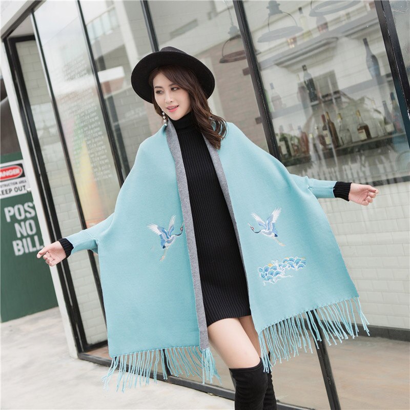 Dames sjaal borduren rode kraanvogel warme kwastjes poncho met mouwen wintersjaal cape voor dames dikke mantel