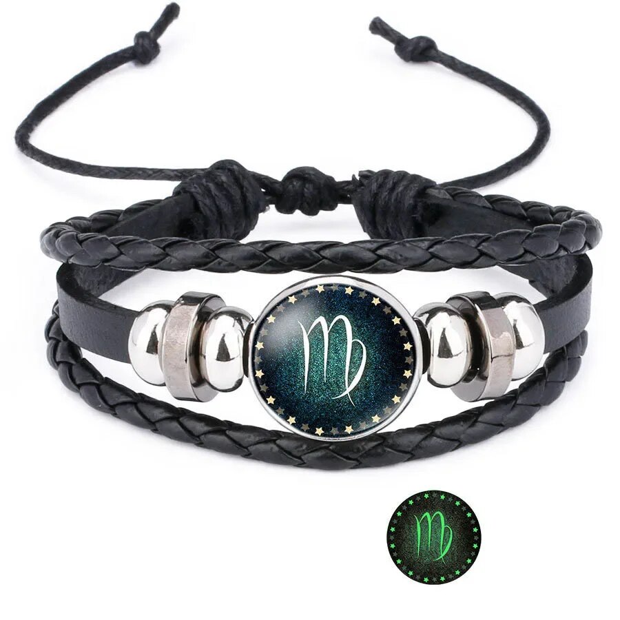 Pulsera luminosa de piedras preciosas artificiales de doce constelaciones; Pulsera tejida de 12 constelaciones de cuero PU con cuerda con cuentas: Color dorado