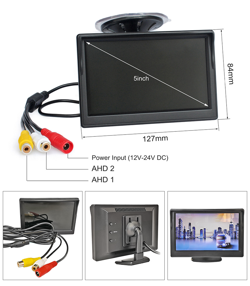 DIYSECUR 5" AHD Car Rear View Monitor Inside Parking Backup HD Monitor with Both Suction Cup and Bracket for MPV SUV Horse Lorry