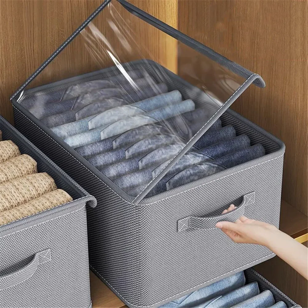 Caja de almacenamiento de ropa con tapa transparente, camiseta, pantalones, organizador de ropa interior, armario para dormitorio, cajones, ahorro de espacio