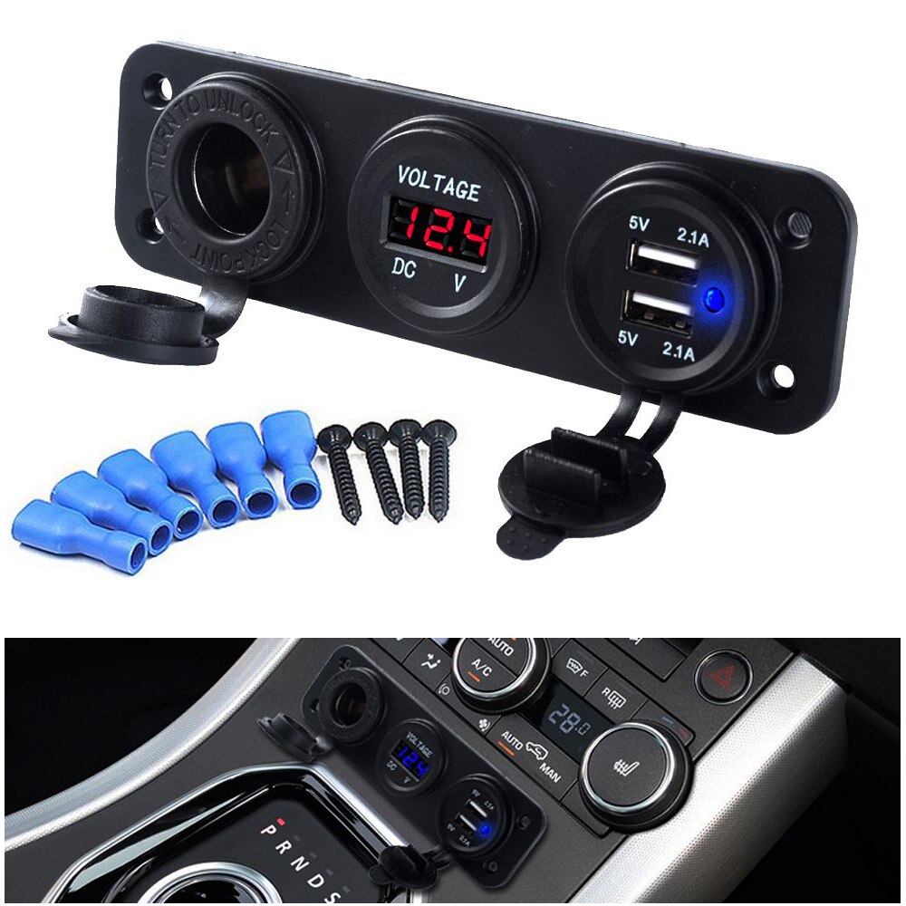 4.2A Autolader Motorfiets Plug Dual Usb Adapter + 12V/24V Sigarettenaansteker Led + Digitale voltmeter Usb Car Socket: red