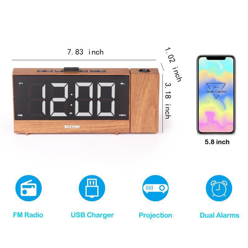 Projection Radio Alarm Clock LED Digital Desk Table Watch Snooze Function Adjustable Projector FM Radio with Sleep Timer