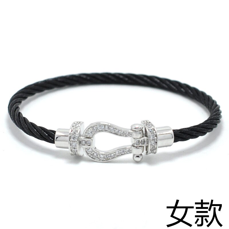Titanium Steel Wire Rope Magnetic Buckle-encrusted Zircon Bracelet: Black Silver Women