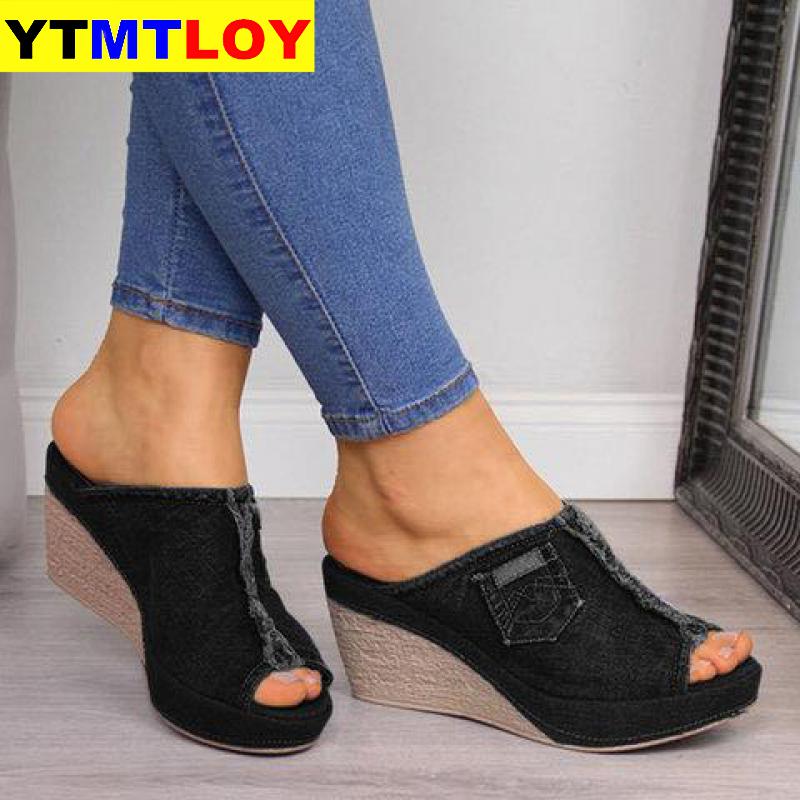 Kvinder sandaler kvindesko kvinde sommer wedge behagelige damer slip-on flade sandalier denim platform kiler høj hæl