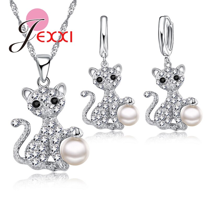 Brillant CZ et grande perle joli chat pendentif pour les femmes collier et boucles d'oreilles 925 en argent Sterling ensemble de bijoux