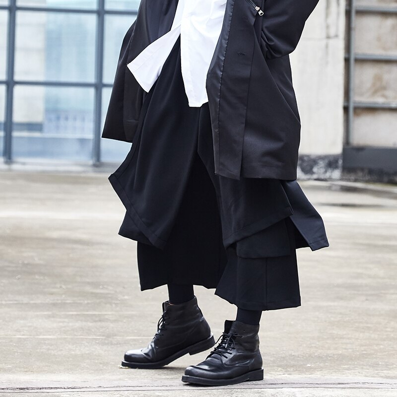 Hombre falda de pierna ancha Japón Streetwear Hip Hop Punk gótico negro Harem pantalón masculino empalme pantalones sueltos Kimono