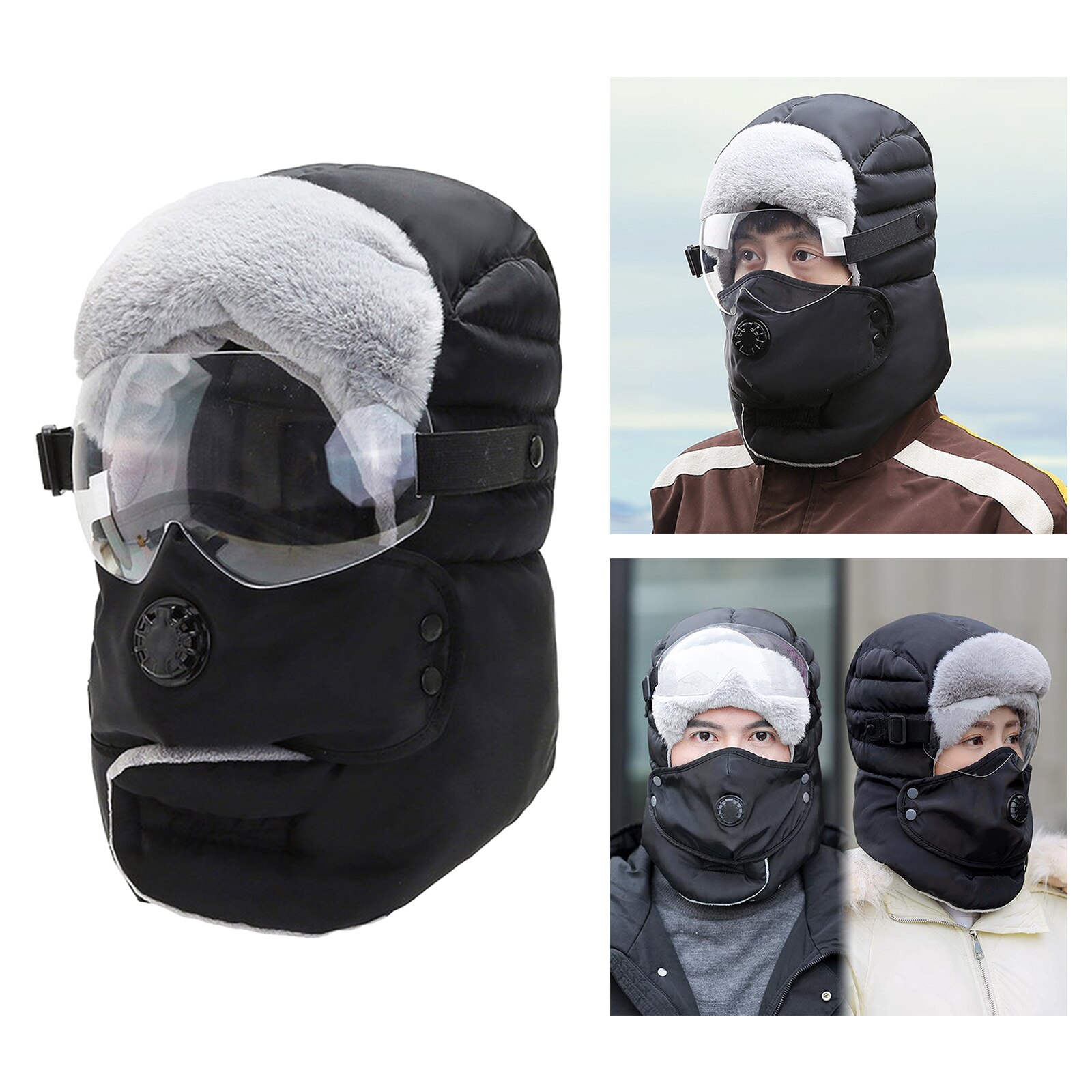 Unisex Balaclava Winter Warm Hat Trapper Cap Face Eye Protection Windproof: Black Clear Glasses