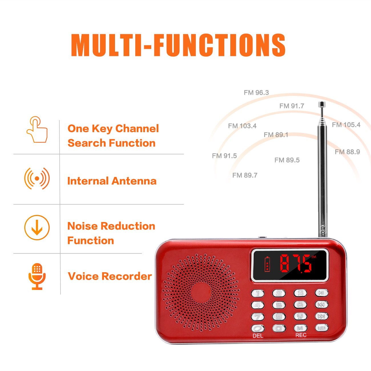 Lefon Portable Mini Radio FM Stereo Receiver Speaker Recorder MP3 Player Support TF SD Card USB AUX LED Display Flashlight