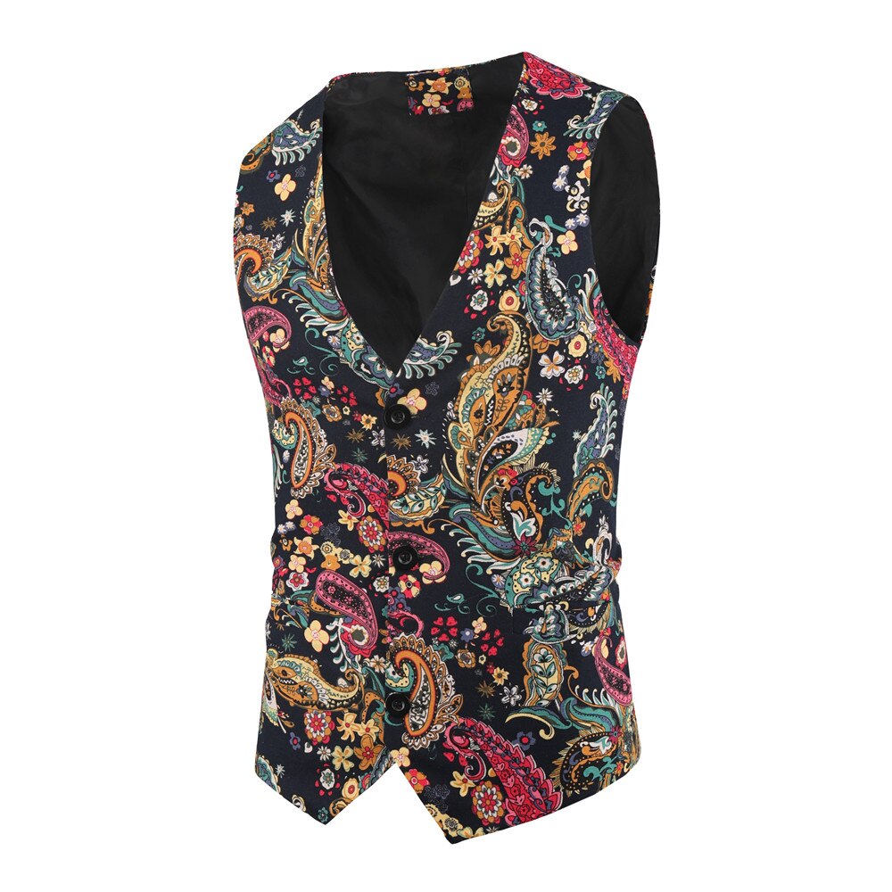 Mænds nationalstil print slim fit herrevest jakkesæt mænd smoking vest til fest bryllupstøj fest bal m -3xl: L