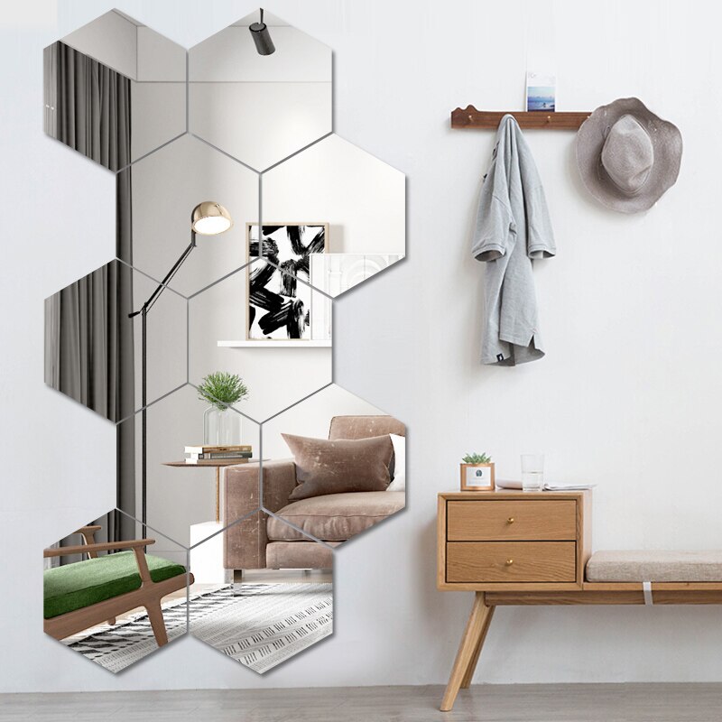 Väggdekor spegel klistermärke akryl självhäftande collage hexagon dekoration väggdekor speglar hem gör-det-själv dekorativa