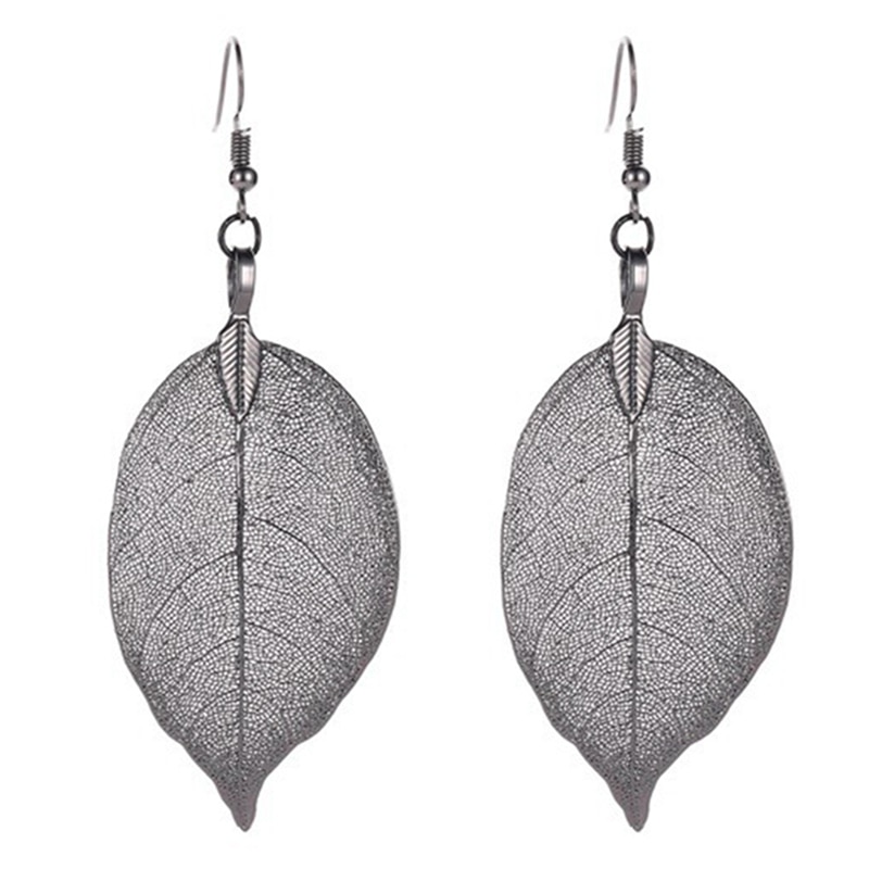 Natural Real Leaf Earrings Gold And Silver Big Statement Earrings For Women Tree Earrings: EAR8389BK
