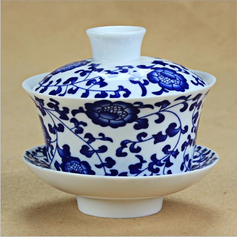 Bol à thé KungFu chinois bleu et blanc | Service à thé bleu et blanc de grande capacité de 300ml, théière Gaiwan, bol de couvercle en céramique, Service à thé