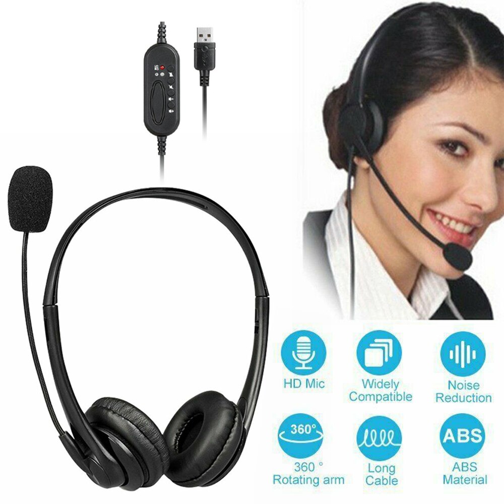 Wired Headphone USB Headset HD Lossless Sound Earphone Adjustable with Microphone for Computer PC Laptop Noise Cancelling ABS