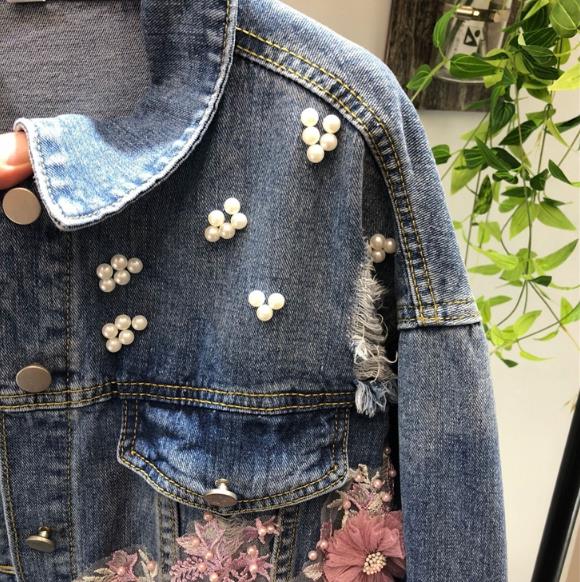 Frühling Herbst Jeans Jacke Mantel Frau Neue Heavy Stereo Rosa Blume Bestickt Loch Denim Jacken Frauen Basic Mäntel