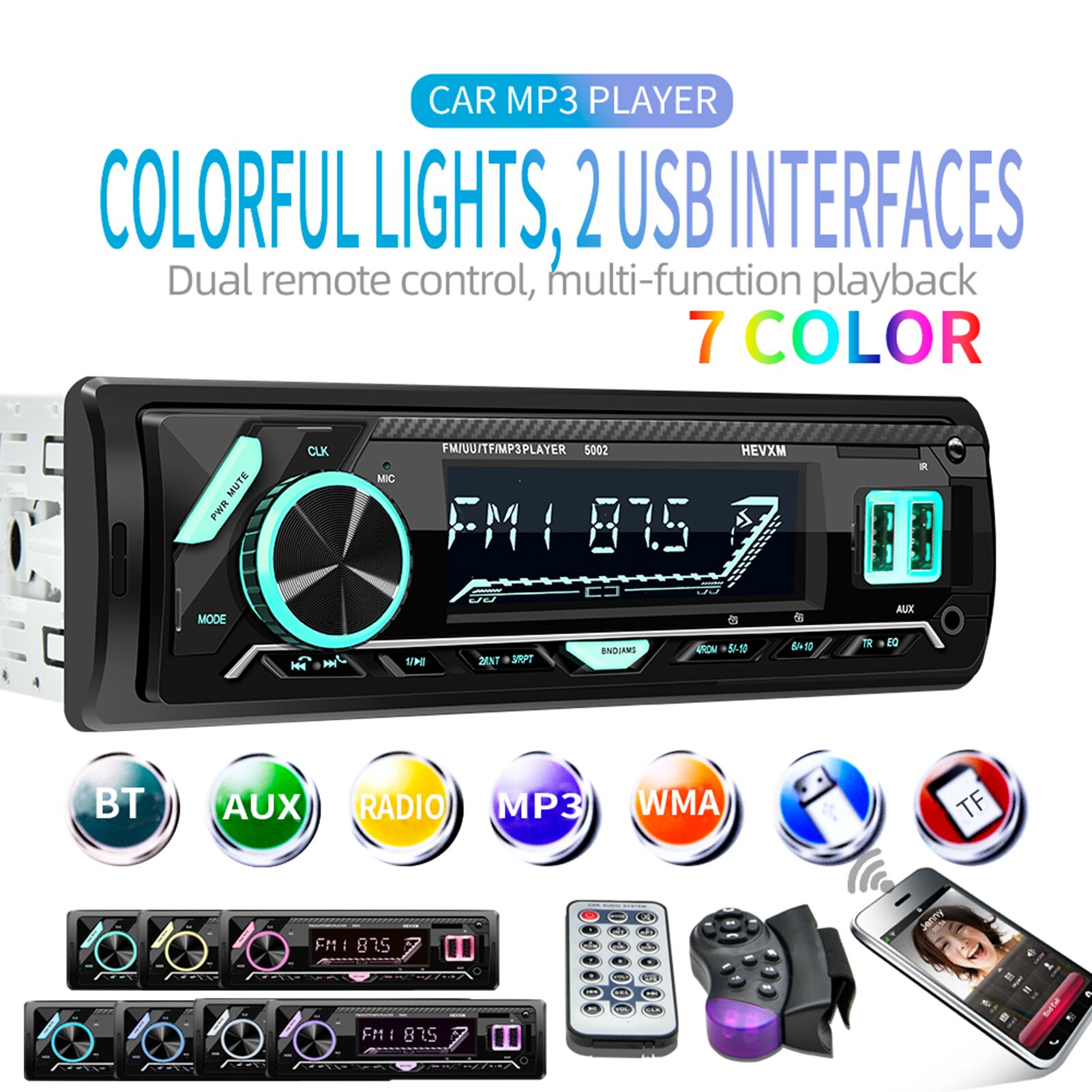 7 Kleuren Digitale Hd Lcd Display Car Stereo Audio Radio Fm/Uu/Tf/MP3 Speler Bt V3.0 12V/24V Lcd Multimedia In-Dash 1 Din Dual Usb