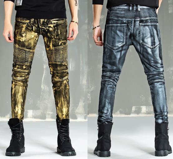 Pantalones estilo motero para hombre , vaqueros de motorista dorados y amarillos con revestimiento ostentoso, pantalones ajustados, pantalones de retales para hombre, vaqueros de talla grande para hombre