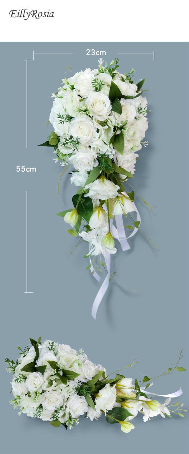 Vandfald bryllup blomst kunstig brudebuket hvid grøn broche dråbe buket bryllup tilbehør dekoration 55cm lang