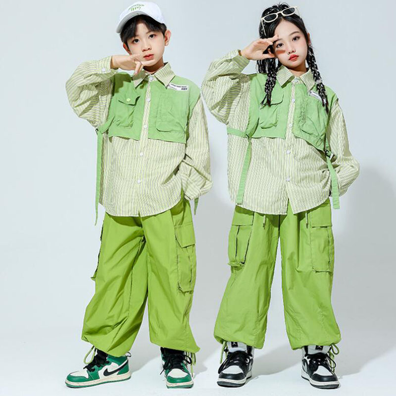 Camisa verde de gran tamaño con cordones para niños, pantalones Cargo informales para correr, ropa de calle de Jazz, disfraz de baile, Hip Hop