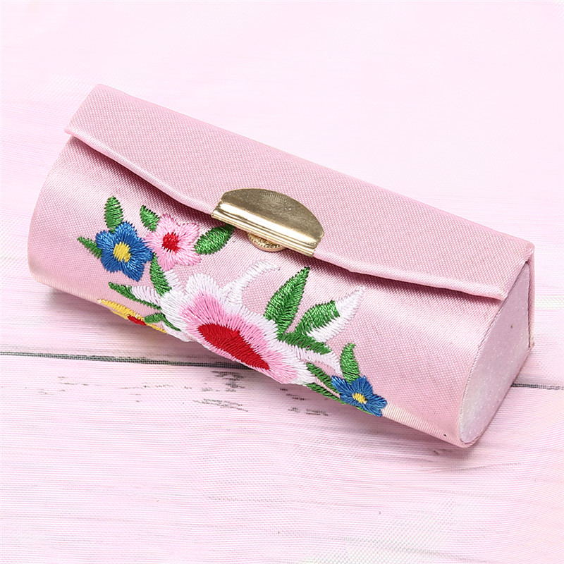 Holder Flower Lipstick Case Retro Embroidered With Mirror Jewelry Packaging Box: pink