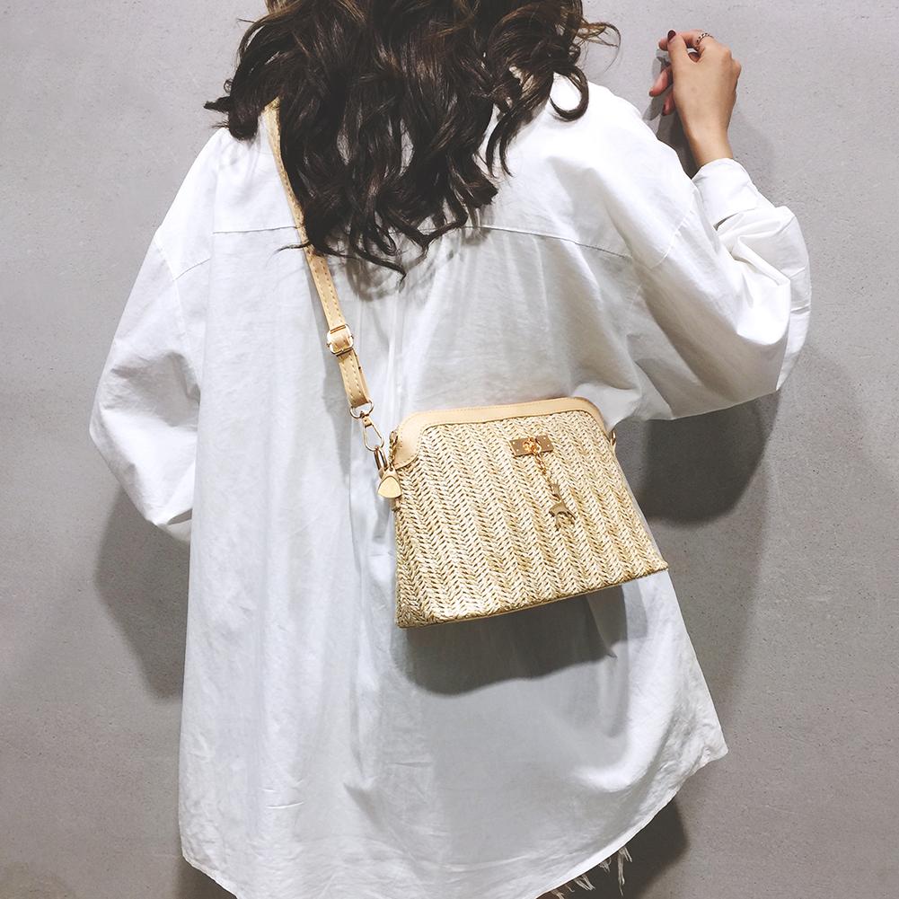 Zomer Stro Crossbody Tassen Voor Vrouwen Handgemaakte Geweven Shell Tas Pu Lederen Boho Zakken Vrouwelijke Bohemen Strand Schoudertas