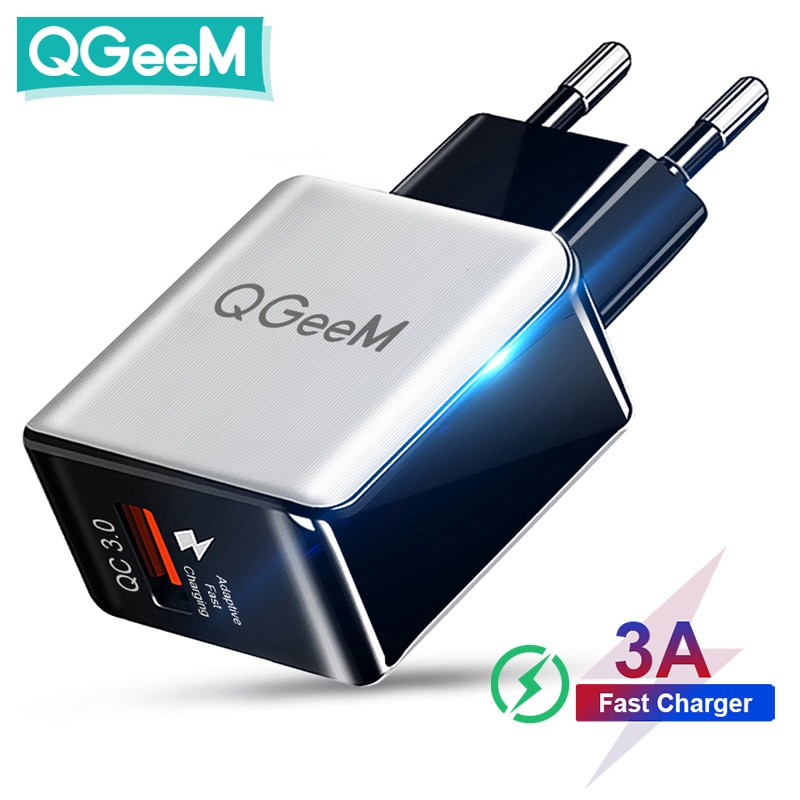 QGEEM-cargador USB QC 3,0, adaptador de carga rápida 3,0, dibujo de fibra, para iPhone, Xiaomi Mi9, UE, EE. UU.