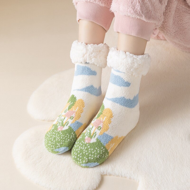 Meias quentes bonitos do inverno feminino com anti deslizamento inferior fuzzy floor socks colorido m09