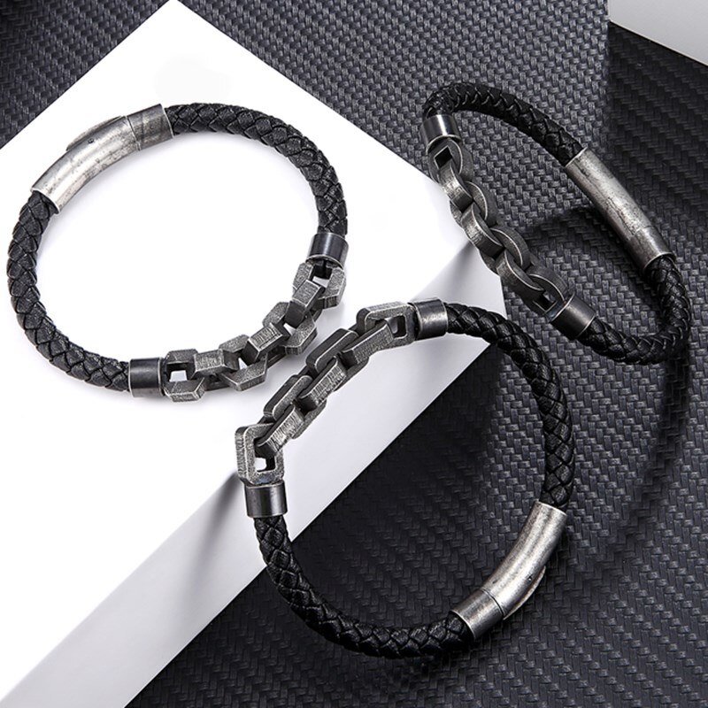 MKENDN Punk Rock bracciale in pelle da uomo Biker Link Chain gioielli Viking bracciali maschili in acciaio inossidabile accessori moto regalo