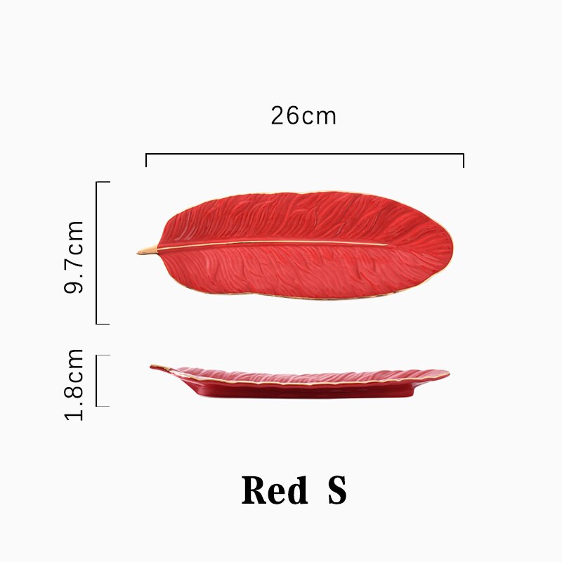 Leaf Ceramic Gold Inlay Cosmetics Jewelry Storage Tray Cake Candy Dessert Plate Key Watch Place Feather Plates Decorative Plate: red S