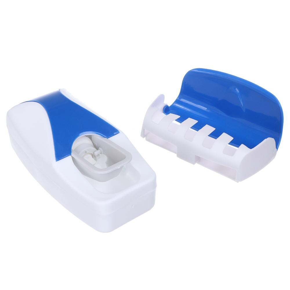 Soporte Set de accesorios de baño para cepillo de dientes, dispensador automático de pasta dental, estante de montaje en pared, utensilios para el baño: Azul