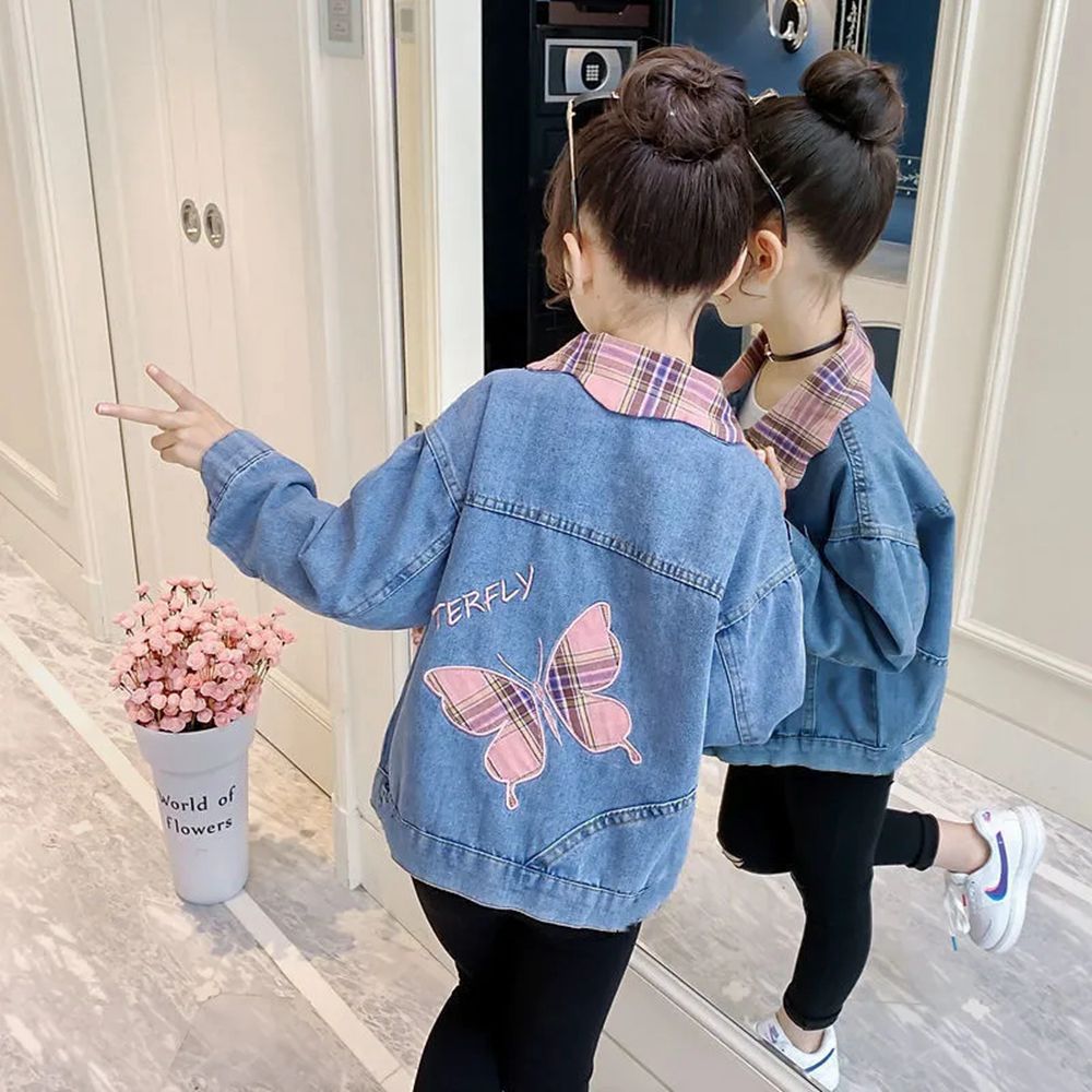 2022 Lente Meisjes Denim Jassen 3-13Years Kinderkleding Blauwe Vlinder Jas Voor Meisjes Koreaanse Stijl Kid 'S Meisje Jas 6 8 9: 13T(160)