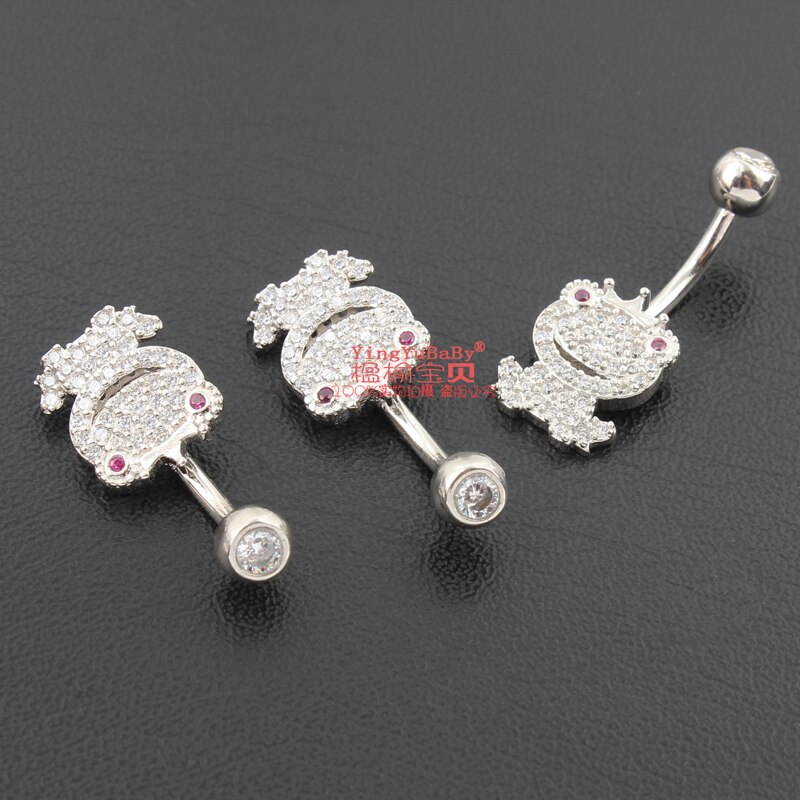 Belly Button Ring Dier Kikker 925 Sterling Zilveren Kroon Geen Allergische Body Piercing Sieraden Zirkoon Steen Lange Korte Pin Lengte