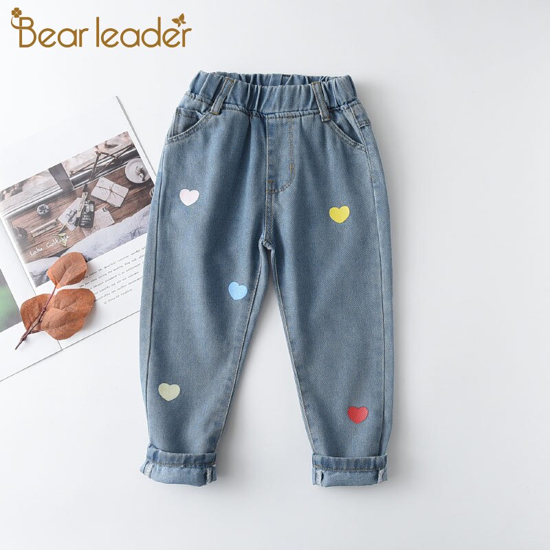 Bjørneleder børn jeans efterår forår piger drenge casual jeans løse bukser børn dejlige hjerte mønster leggings 2 6y