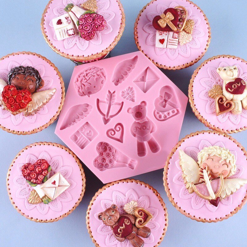 Mujiang 3D Angel Hart Cupcake Siliconen Mal Beer Snoep Chocolade Polymeer Klei Mallen Bruiloft Fondant Cake Decorating Gereedschap