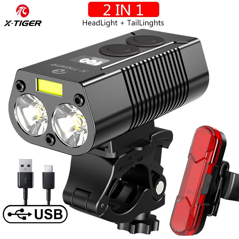 Juego de luces delanteras para bicicleta de X-TIGER, lámpara LED resistente al agua, recargable vía USB, 5200mAh: QD-1001T